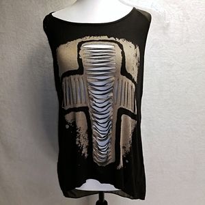 Double Zero: Black & beige funky cross tank top.